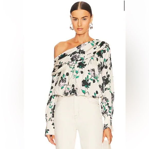 Free People Tops - NWT Free People Off-Shoulder Floral Blouse - Black and Green on White